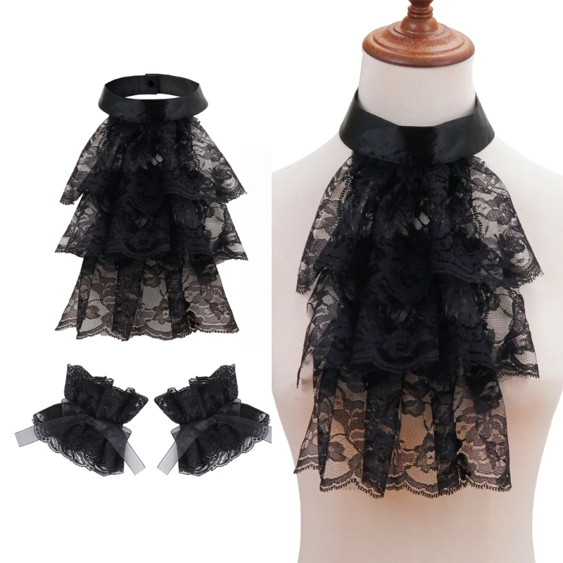 Victorian Ruffle Tiered Lace Jabot Neck Collar and Cuffs Set Renaissances Colonial Costume False Collar for Halloween