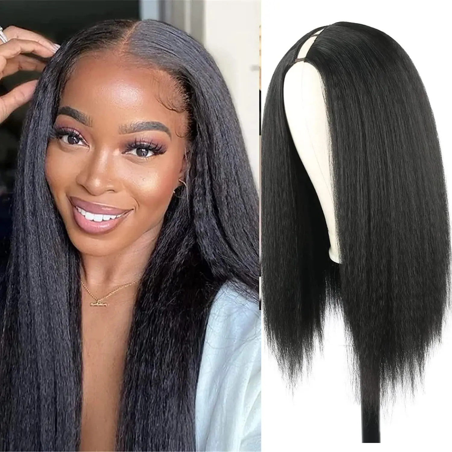 

Yaki Straight Kinky Hair V Part Wig Human Hair Upgraded V Part 200% Density Full Machine Made Wig