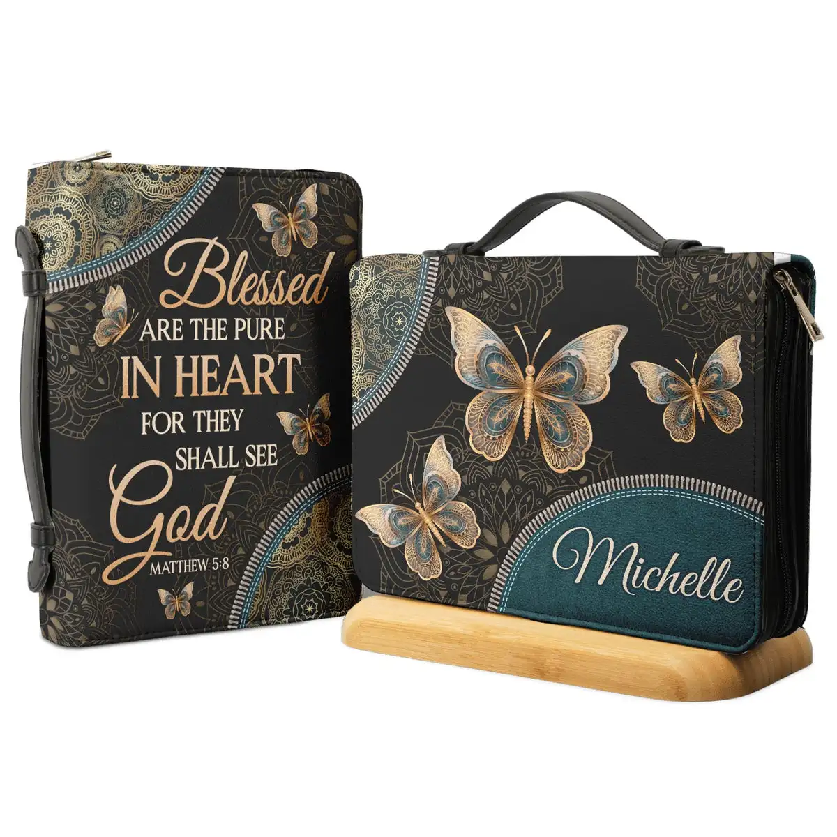 Luxury PU Leather Bible Cover for Women Golden Butterflies Print Holy Bible Bag Ladies Zippered Book Holy Boxes Personalized