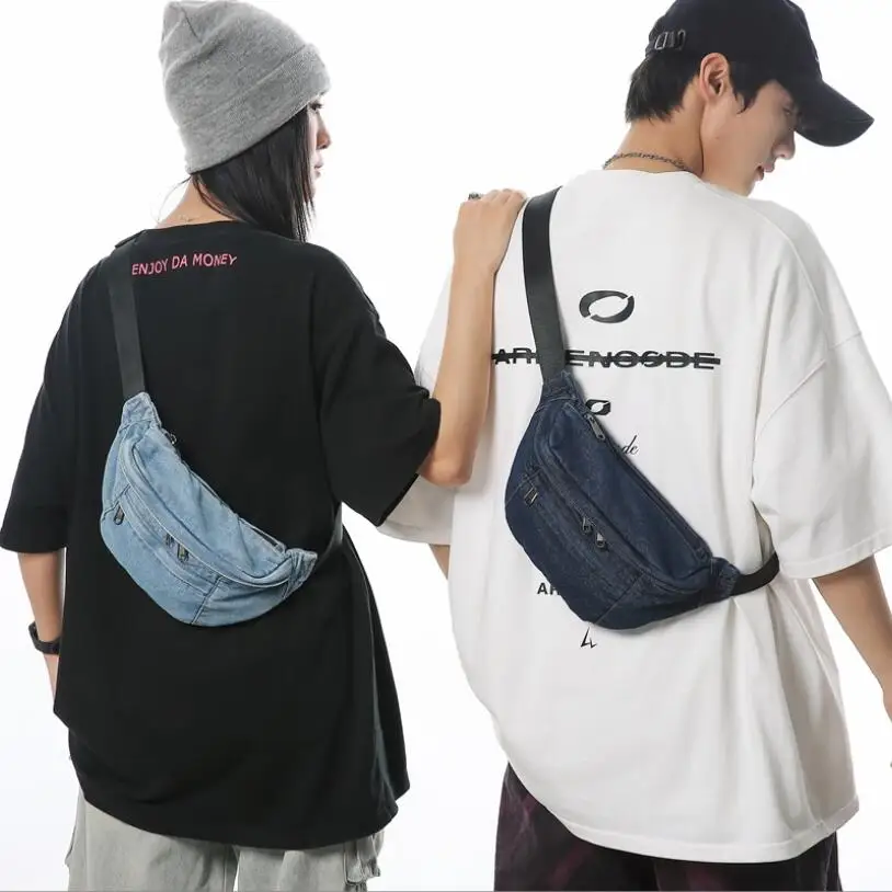 Men\'s/Women\'s Retro Denim Waist Bag Chest Bag Couple Canvas Shoulder Bag Female Outdoor Casual Hip-Hop Crossbody Bag