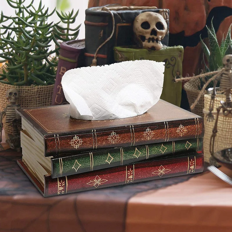 AU05 -Vintage Stacked Books Design Solid Wood Tissue Box Holder Rectangular With Easy Refill Hinged Top