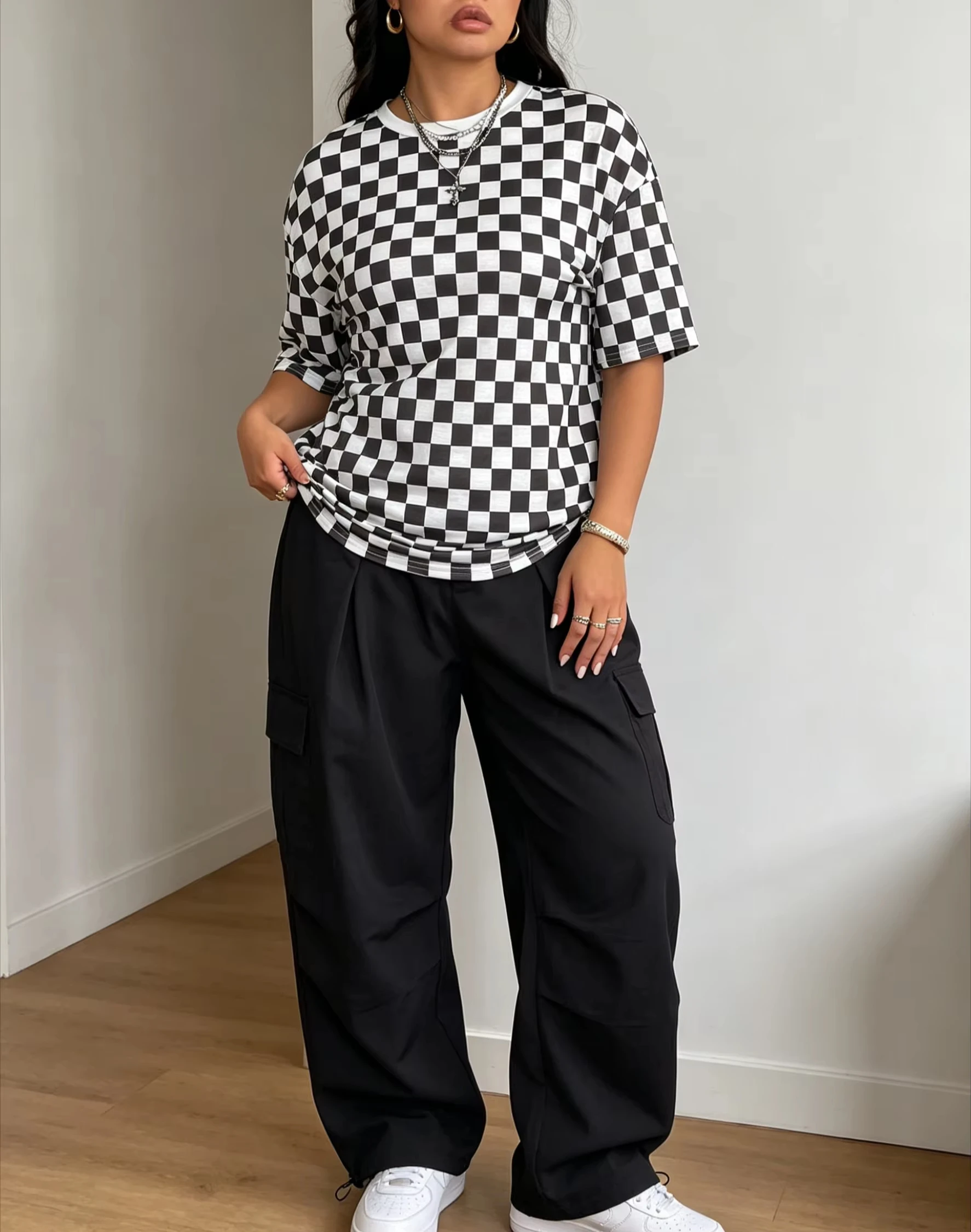 Cool Guys & Cool Girls Fashion Casual Minimalist Checkered Print Short Sleeve Round Neck T-Shirt Summer Suitable for Out Going