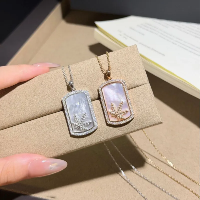 S925 Sterling Silver Jewelry Fashionable And Luxurious White Mother Of Pearl Maple Leaf Square Pendant Women's Selected Gift