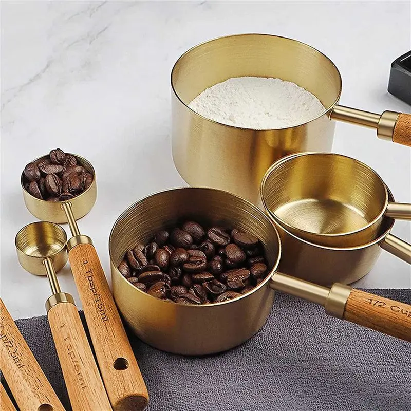 A27F-Measuring Cups And Spoons Set Of 16, Wood Handle With Metric And US Measurements,Stainless Steel, For Cooking And Baking