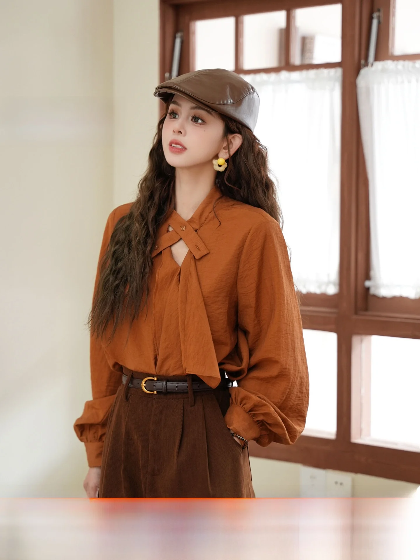 

Chen Jiajie Caramel Rum Vintage Loose Long Sve Women's irt Color Early Autumn Unique Sle Top Polyester Fabric