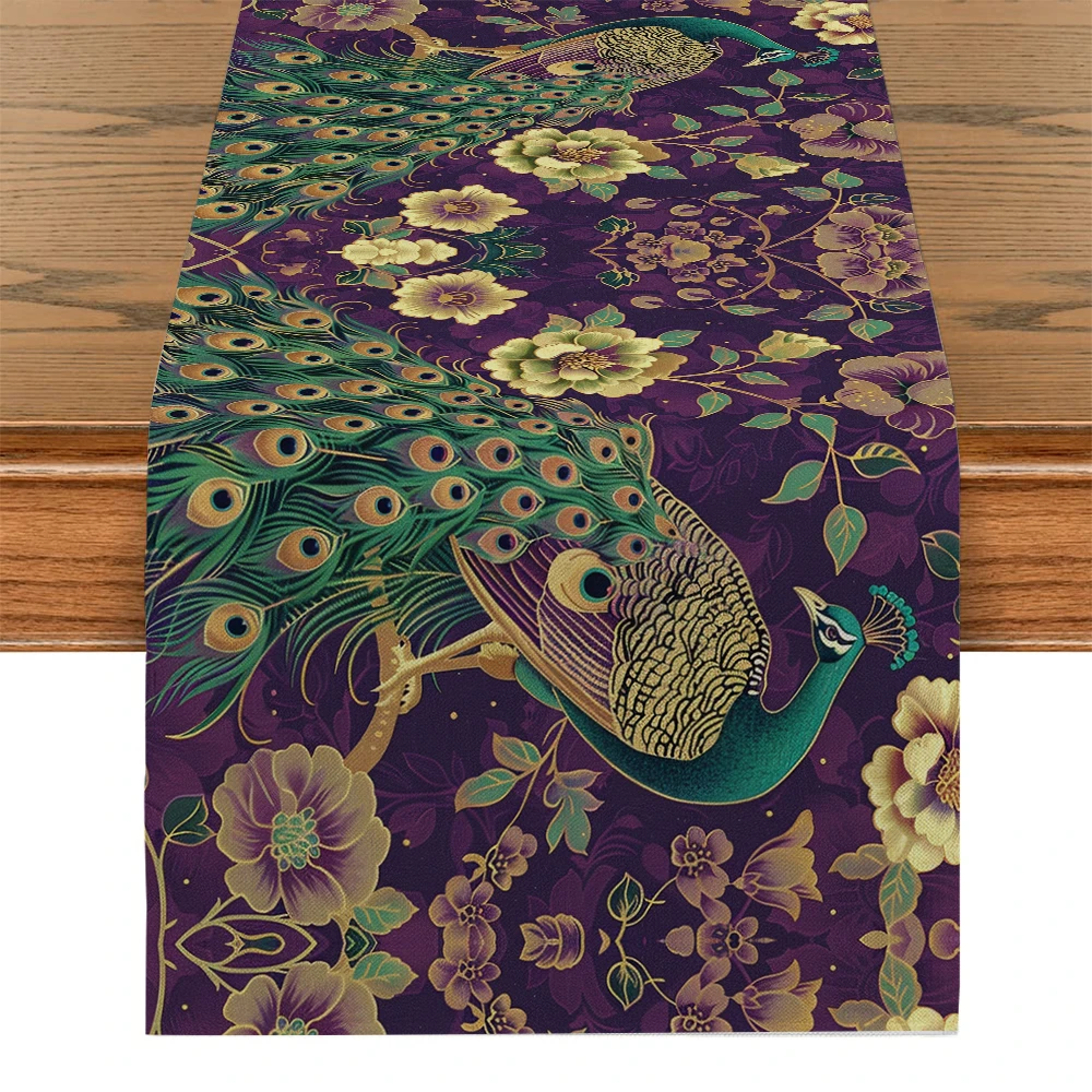 Peacock Flower Peony Table Runner Kitchen Dining  Table Decoration for Indoor Outdoor Home Table Runners Dining Long Cloth