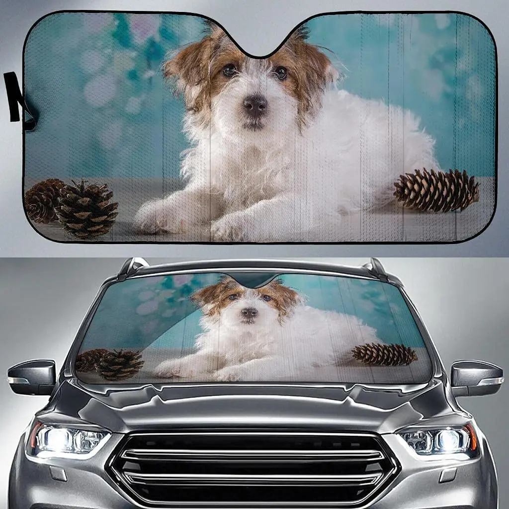 Cavachon Puppy with Conifer Cones Blue Background Image Car Sunshade, Cute Cavachon with Pine Cones Image Auto Sun Shade, Windsh