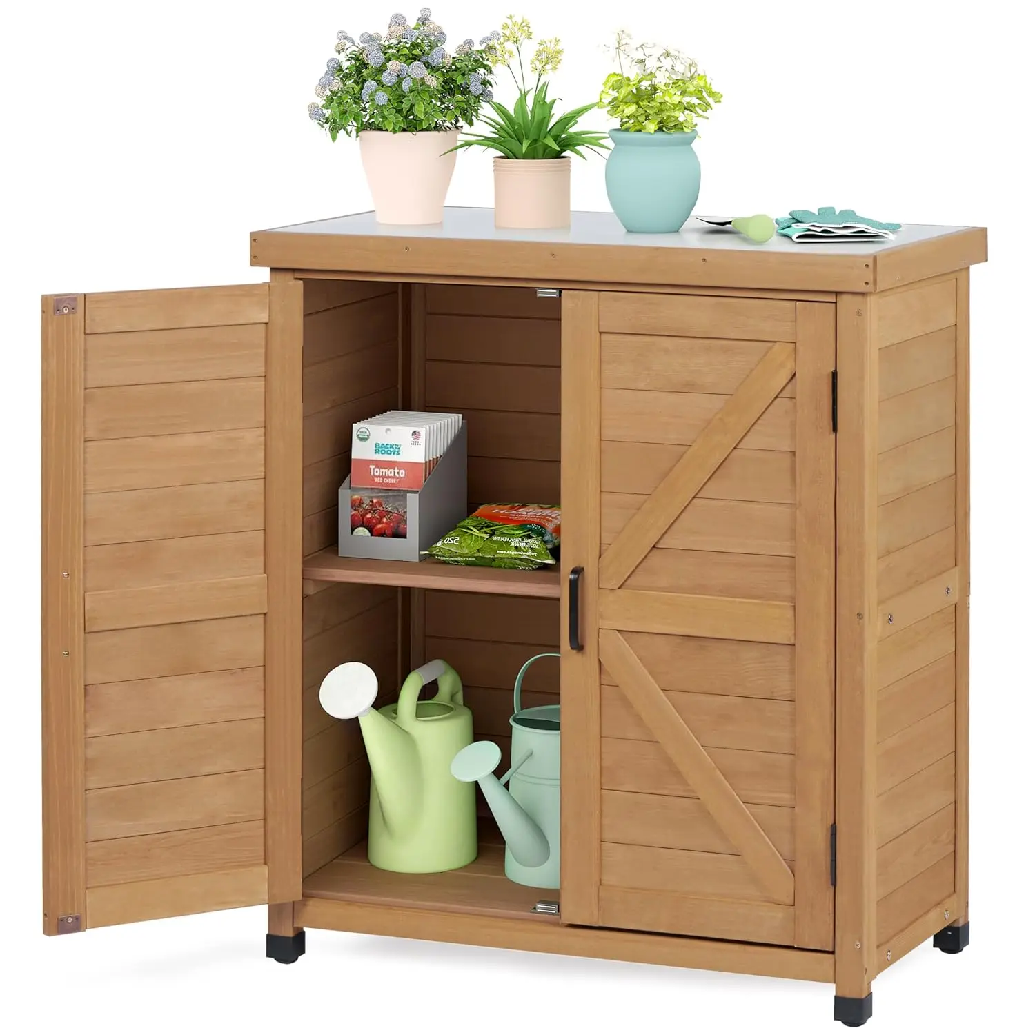 Outdoor Storage Cabinet & Potting Bench with Metal Top, Wooden Patio Furniture, Garden Workstation, 36x31x17in, Customized