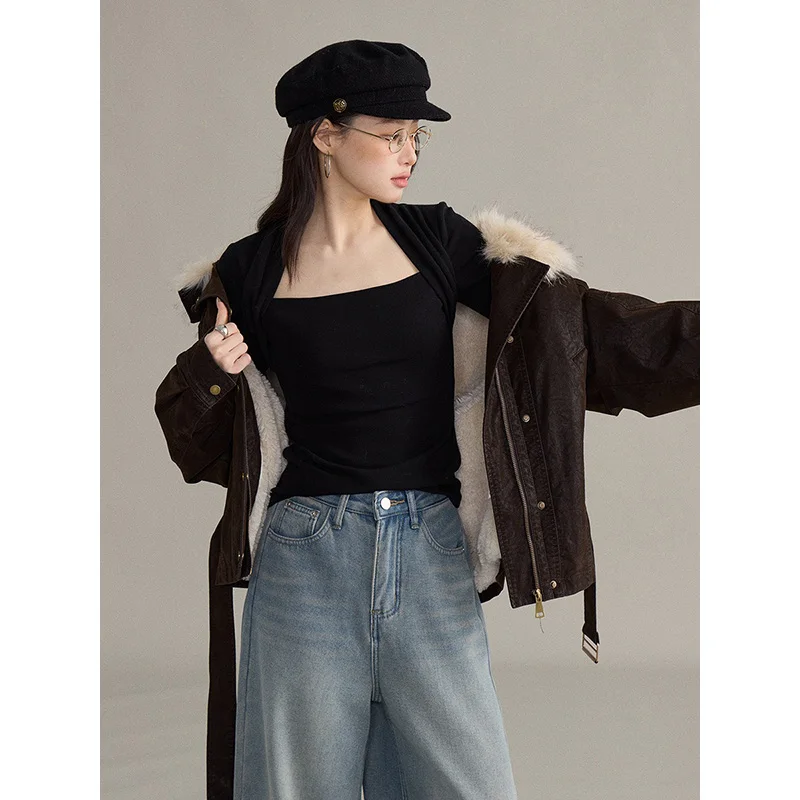 Slergiri Fleece Gevoerde Dikker Bontkraag Pu Leren Jas Vrouwen Mode Nieuwe 2026 Herfst Winter Losse Belted Warme Outerwears