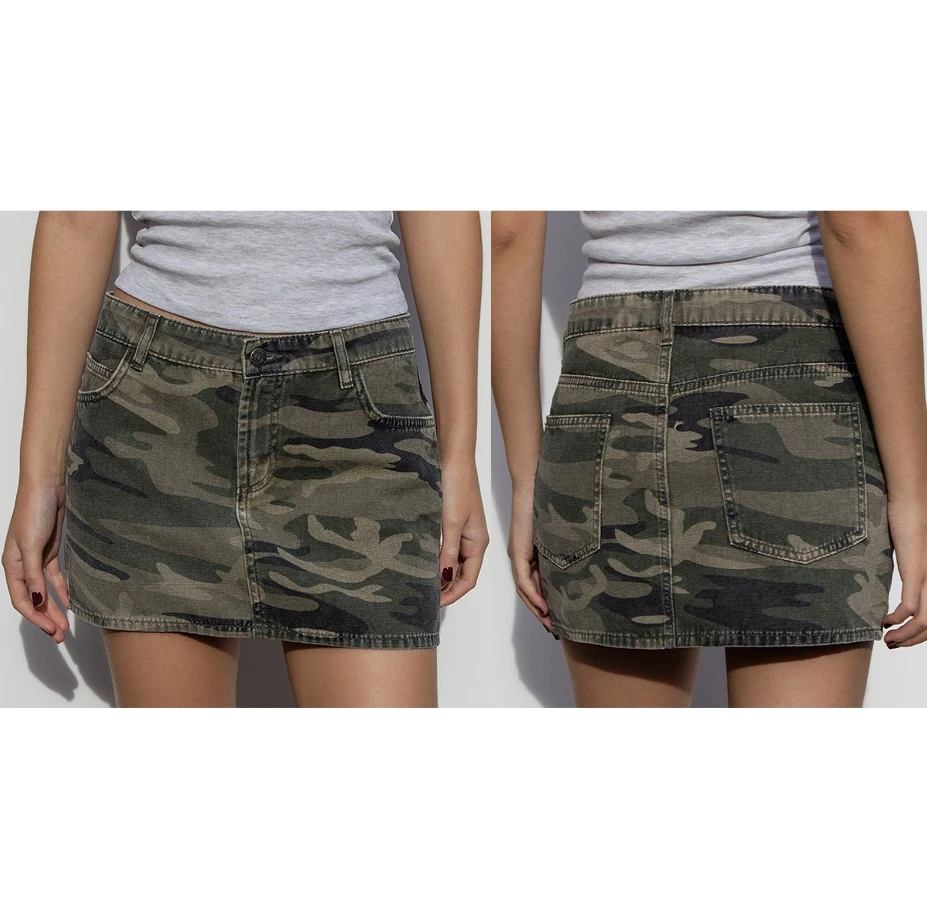 Women Summer Denim Skirts Casual Solid Color/Camouflage Print Low Waist Mini Skirt for Beach Vacation Club Streetwear