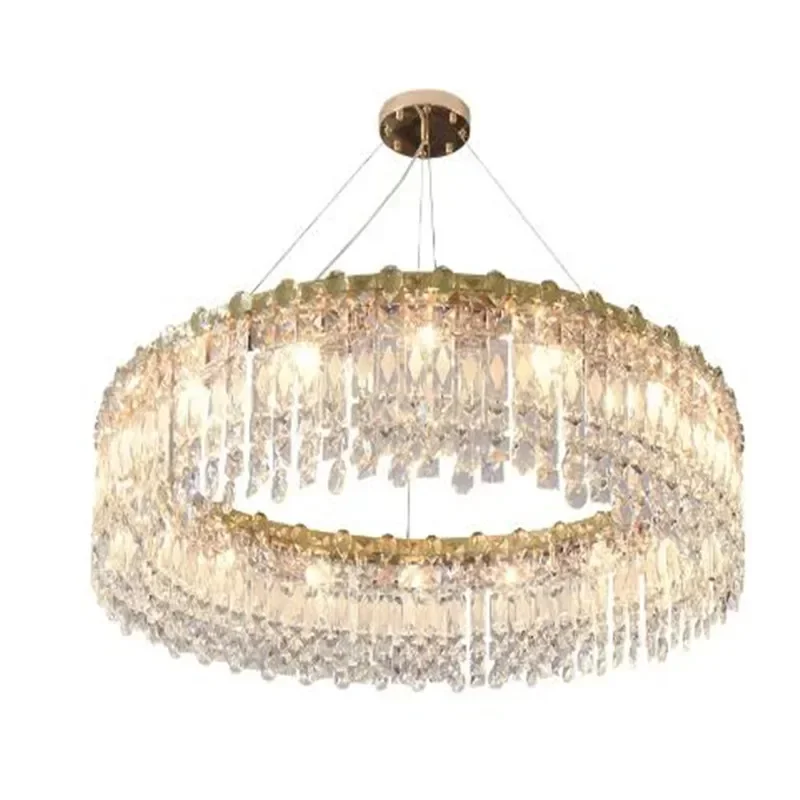 Glass Ironware Restaurant Ceiling Crystal Pendant Gold LED Modern Ring E14 Lamps D50/60/80CM Home Deco