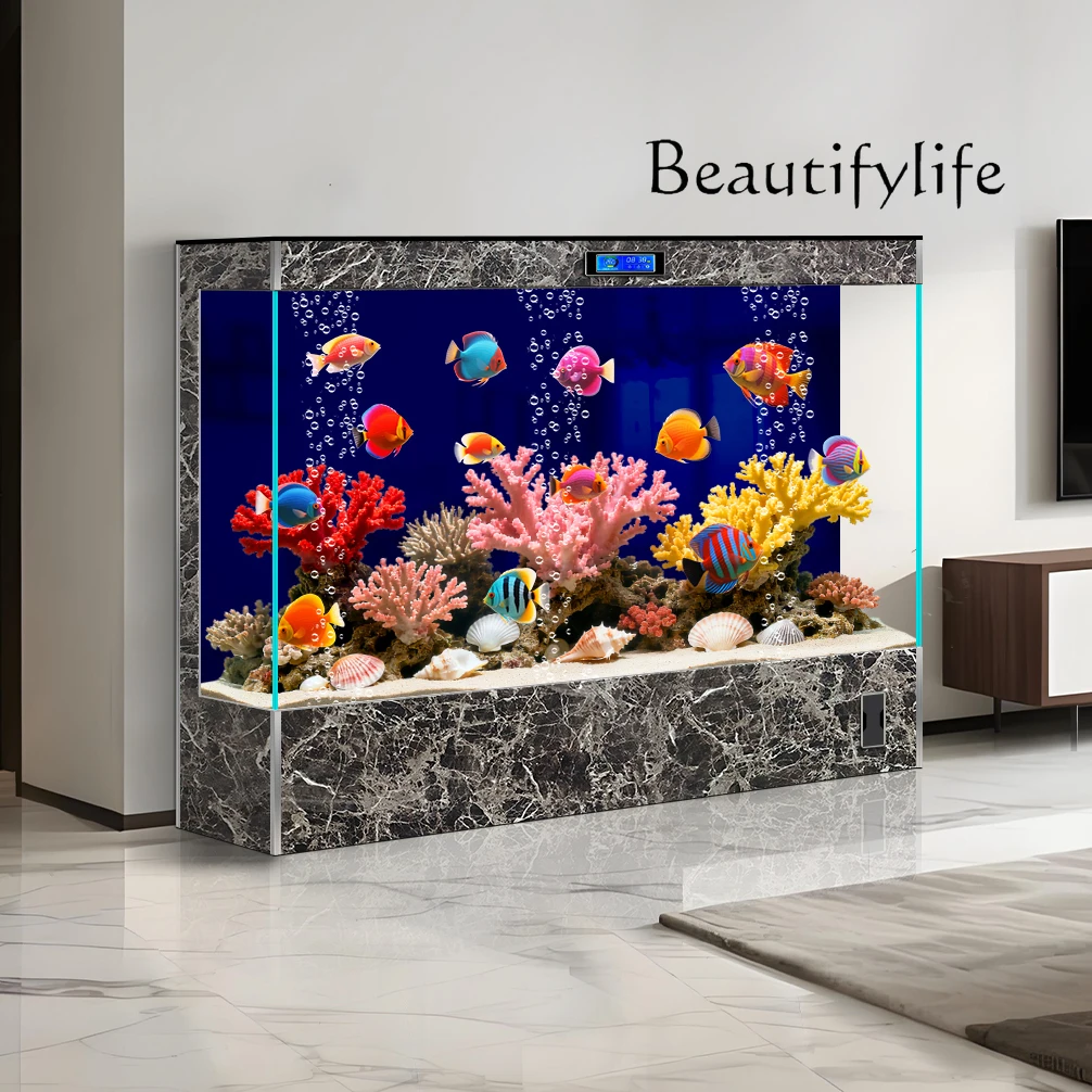 

Family home office fish tank living room large ultra-white glass ecological floor integrated vertical