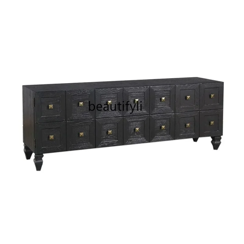 

FG44Nordic Solid Wood TV Cabinet Living Room Entrance Cabinet French Locker American Black Chest of Drawers