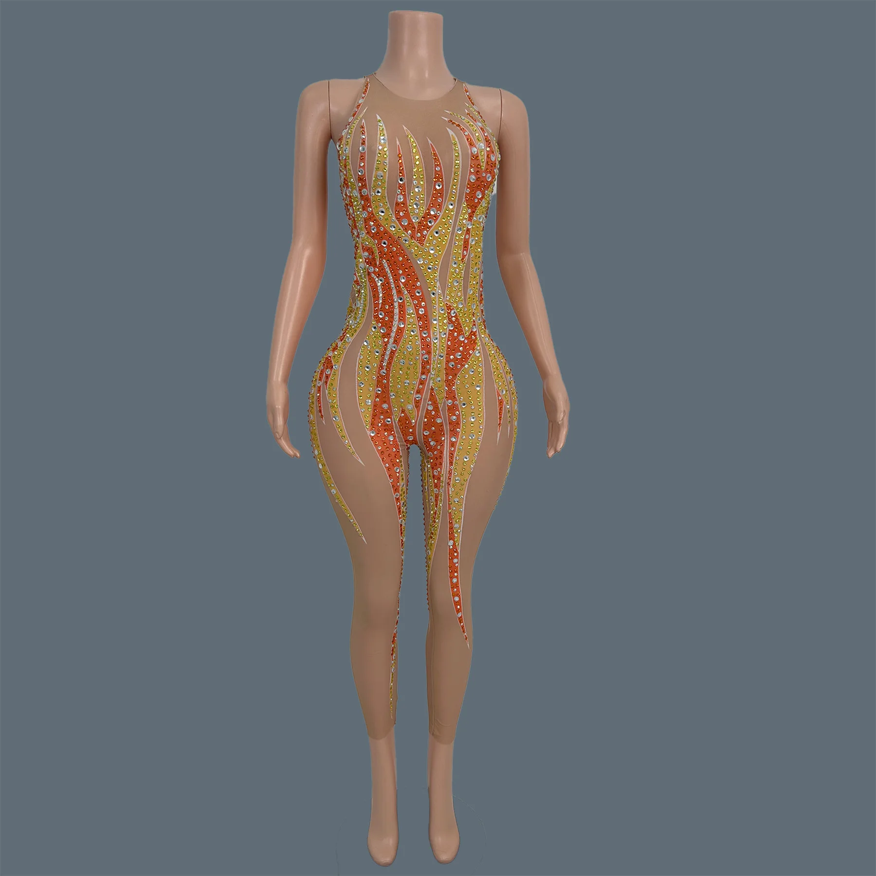 الراقية حجر الراين طباعة ثوب بودي كون ليلة حفلة المرحلة سحب الملكة أداء ارتداء القطب الرقص أكمام بذلة Jinhuowang #1