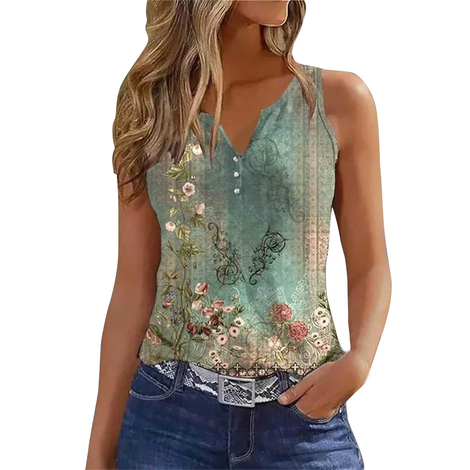 Womens Tops Summer Tank Top for Women Sleeveless Shirts 2024 Spring Corset V Neck Dressy Casual Print Summer Female Tshirts