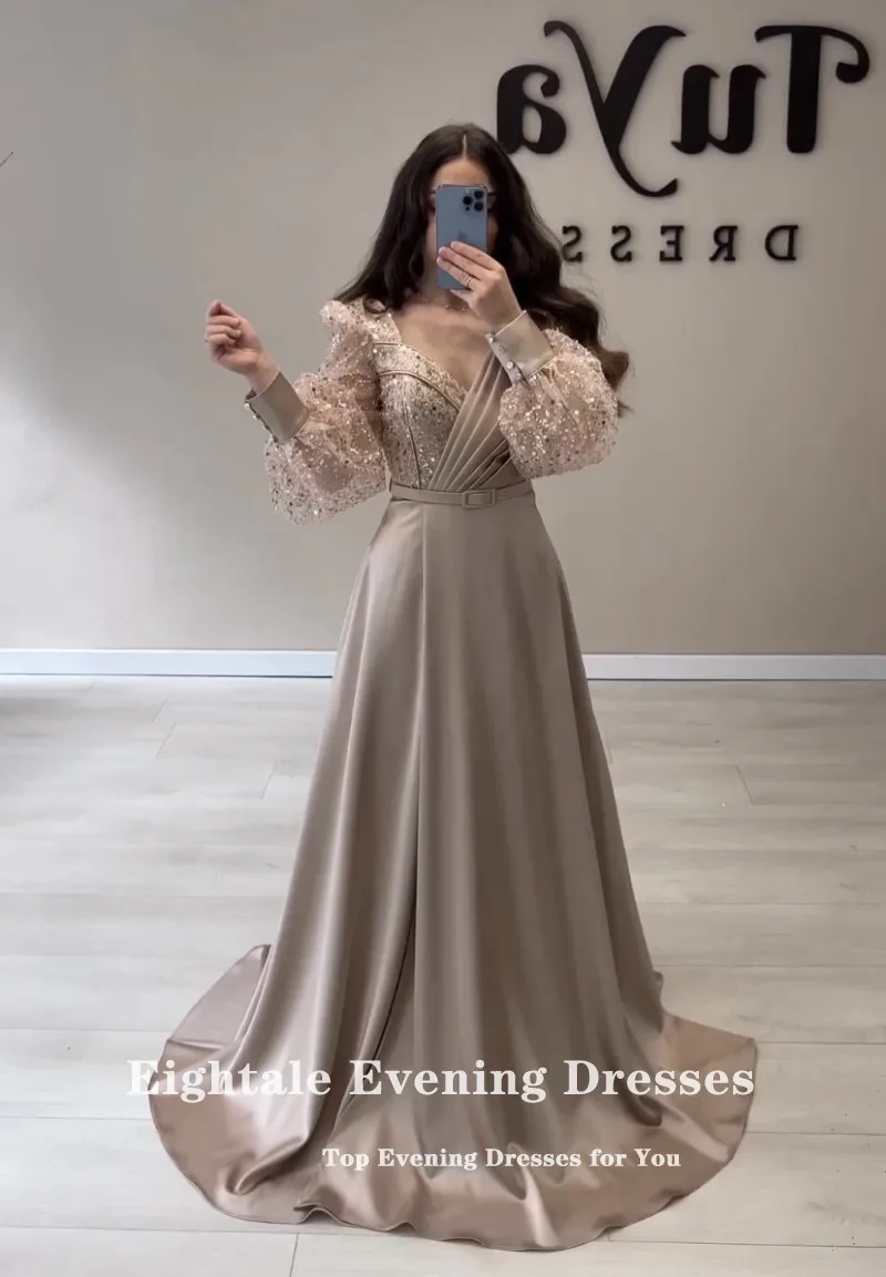 Eightale Champagne Evening Dresses Long Sleeves Sweetheart Glitter A-Line V-Neck Satin Prom Party Gown vestido de fiesta