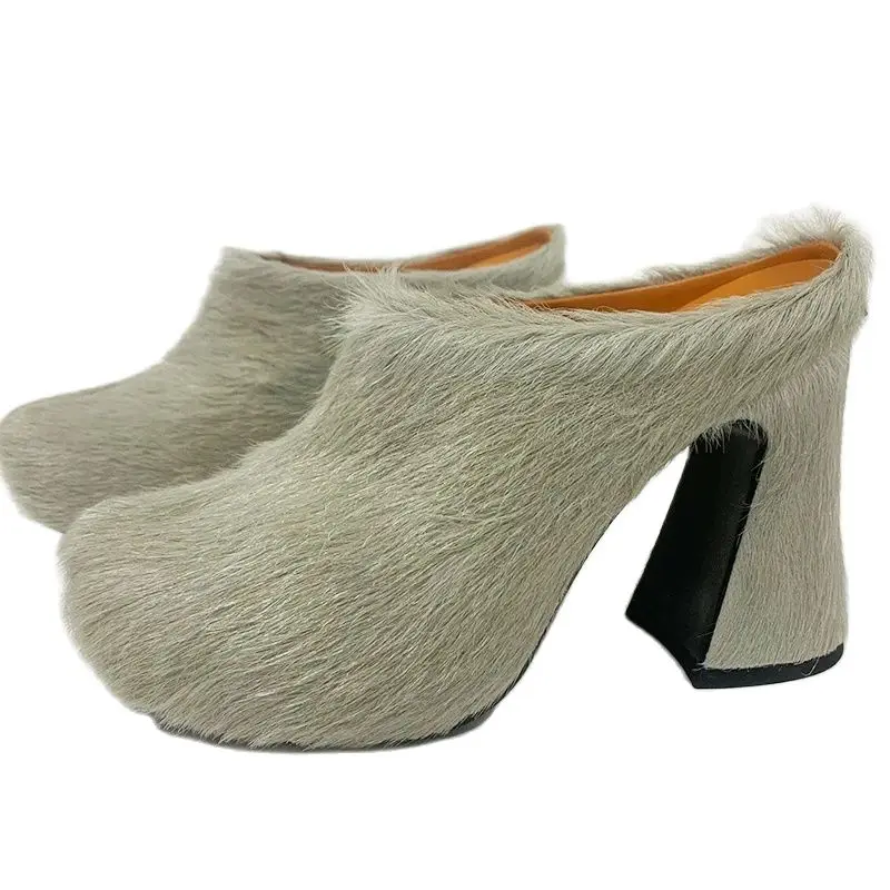 

Italy Real Leather Fur Heels For Women 2023 Mule Runway Flat Thick Sole Horsehair Mules Pumps Shoe Fashion Design Casual Shoes