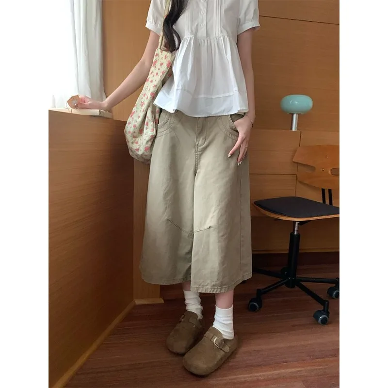 Vintage American Loose Wide Leg Denim Capris Women Comfortable High Quality Khaki Eight Length Jeans 2026 New Trendy Daily Wear view 5