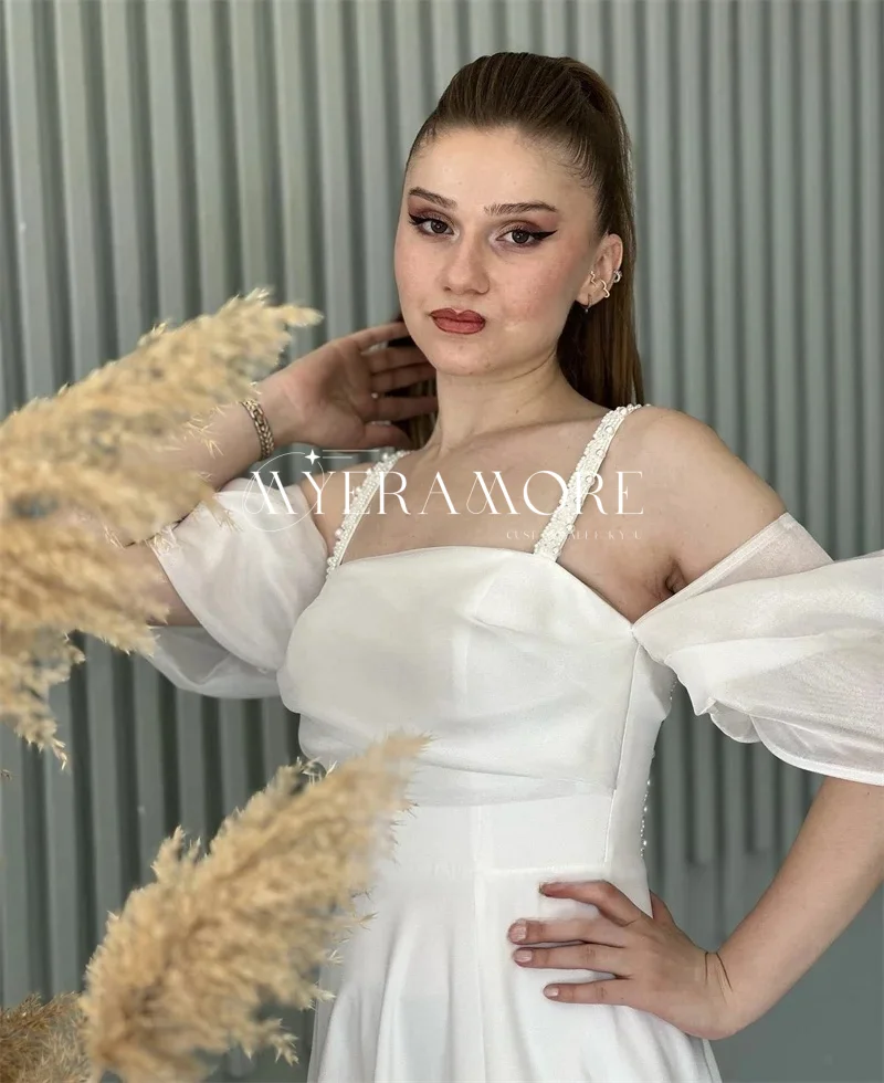 Simple Light Blue Satin Prom Dresses A Line Cold Shoulder Beads Straps with Slit Short Sleeves Formal Evening Dress Customized