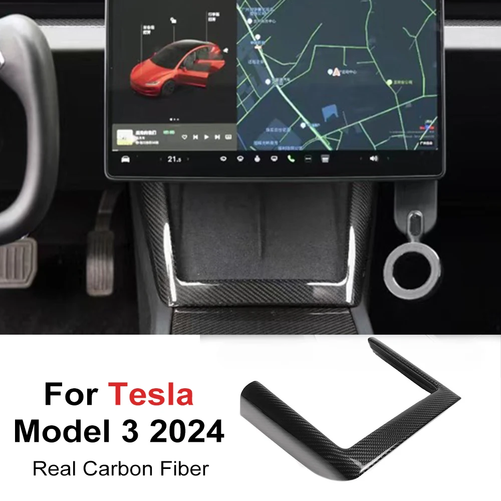 Car Central Control Wireless Charging Frame Decoration Real Carbon Fiber Cover For Tesla Model 3 2024 Highland Interior Modified