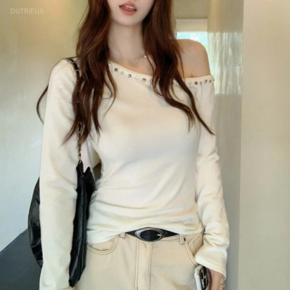 Skew Collar Beading Simple Office Lady Crop Top Long Sleeve Off Shoulder Slim Waist T-shirt French Minority Fresh Shirts
