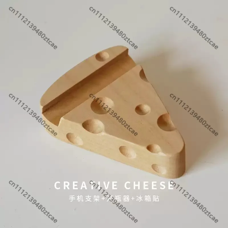 Wooden Cheese Phone Stand Bottle Opener Magnetic Fridge Magnet Home Desktop Decor