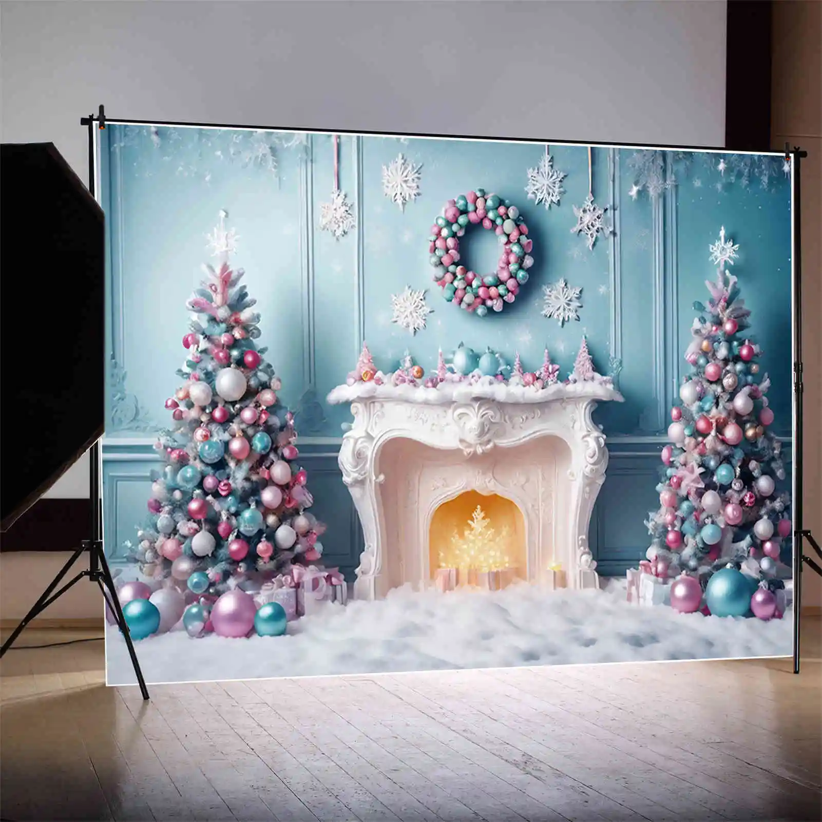 MOON.QG Christmas Fireplace Backdrops Indoor Blue Vintage Western Girls Background Party Decorations Photo Zone Supplies