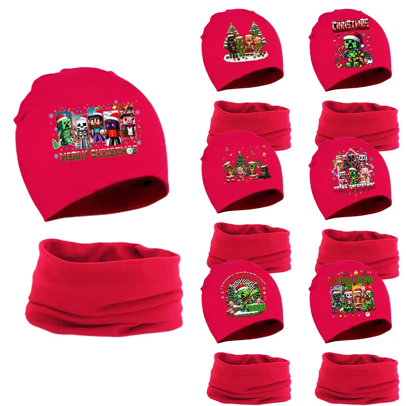 

Pixel Game Theme Scarf Hat 2pcs Set Minecrafted Xmas Theme Knitted Hat Scarf Children Winter Keep Warm Cotton Beanie Cap Gifts