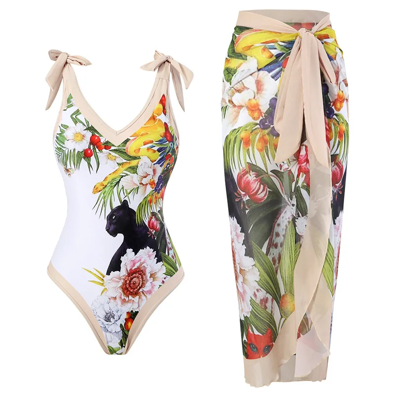 Bañador de dos piezas con estampado Floral y falda para mujer, traje de baño Retro con lazo para vacaciones, Monokini, Vestido de playa