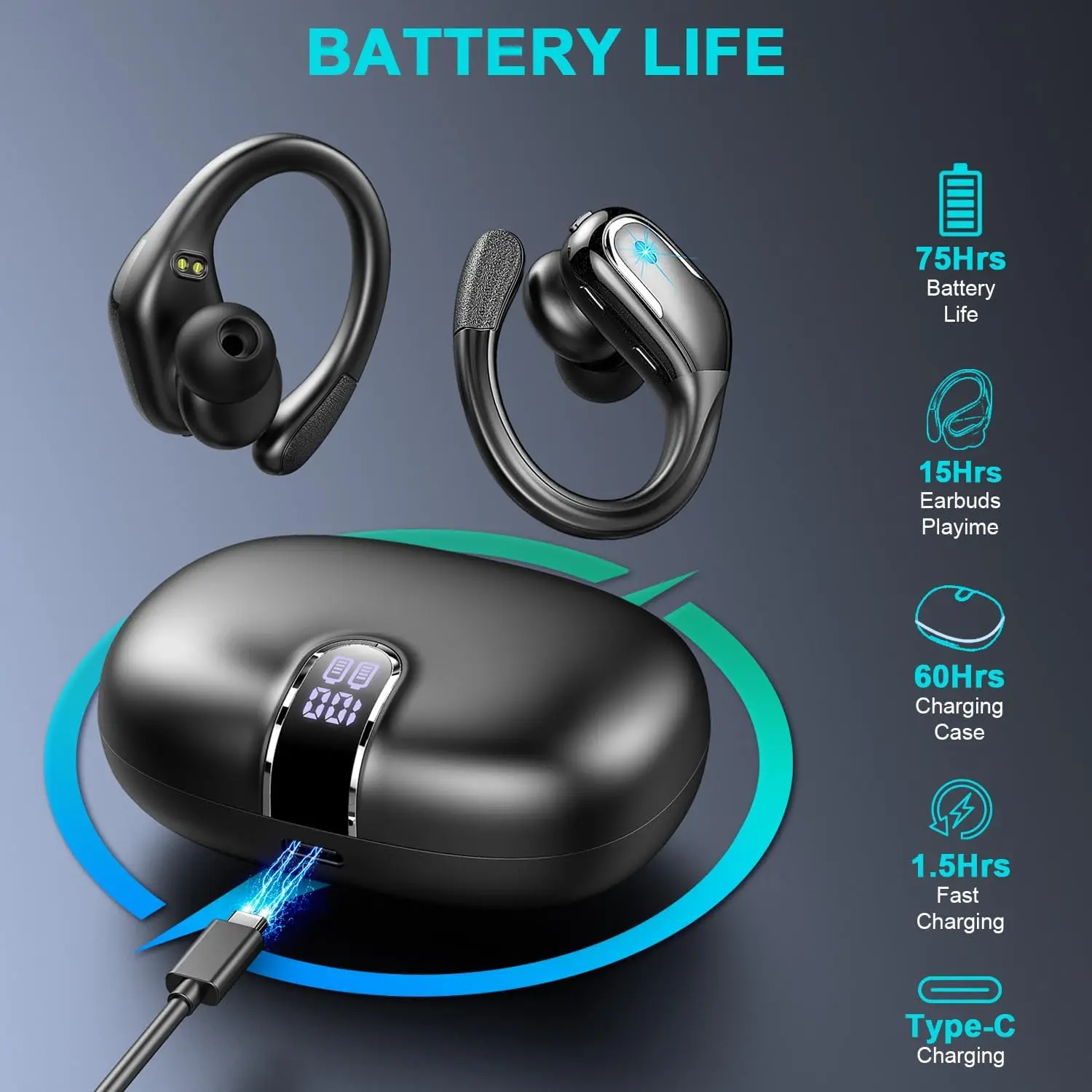 Bluetooth 5.3 Headphones with Noise Cancelling Mic,75H HiFi Stereo Over Ear Bud with LED Display and USB-C, for iOS/Android