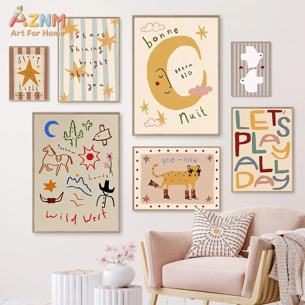 AZNM Boho Cartoon Moon Star Wild West Leopard Canvas Wall Art Print, Colorful Letter Cute Dove Kids Nursery Playroom Minimalist