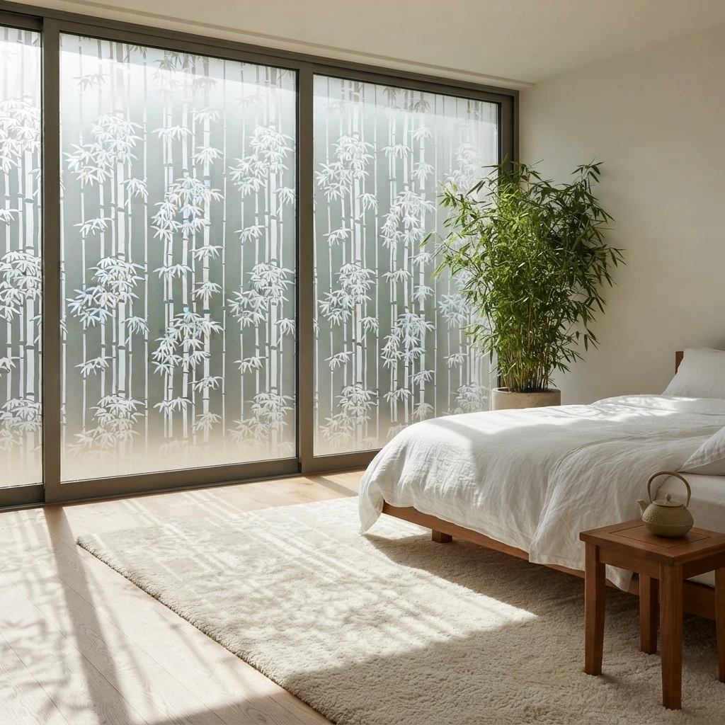 Elegant Vertical Bamboo Silhouette Window Film Self-Adhesive Frosted Privacy Protection Waterproof Oil-Proof Anti UV Heat