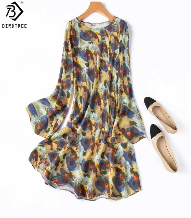 

BirdTree 100% Silk Bias-cut Dress,Woman Double Crepe Flare Sleeve French Oil Painting style Dresses, 2025 New D57142JF