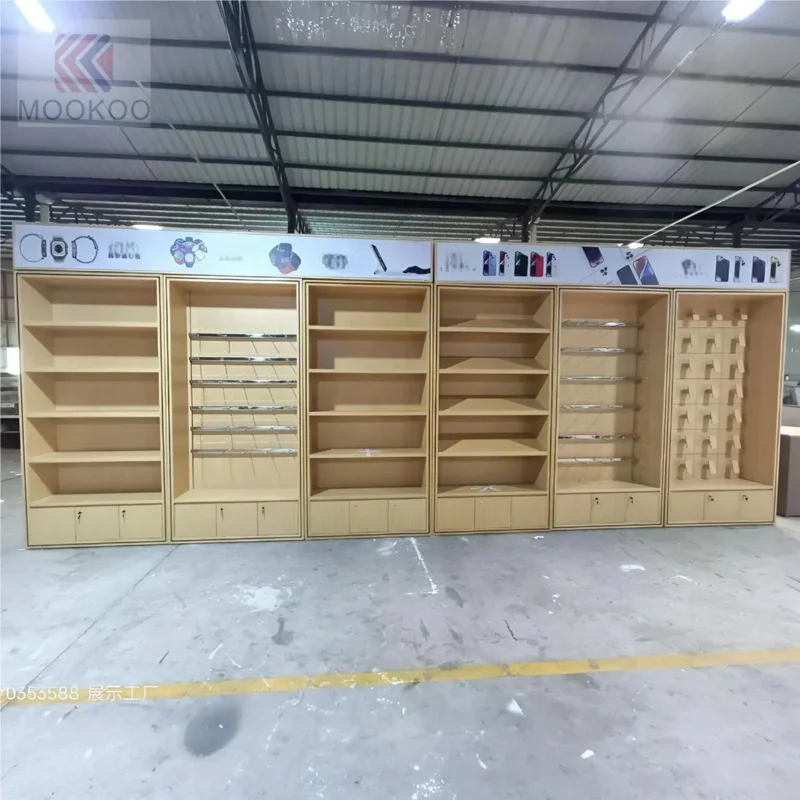 custom.Mobile Phone Shop Display Cabinet Wall Mounted Display Mobile Electronic Parts Steel Wood Shelf Display Stand view 6