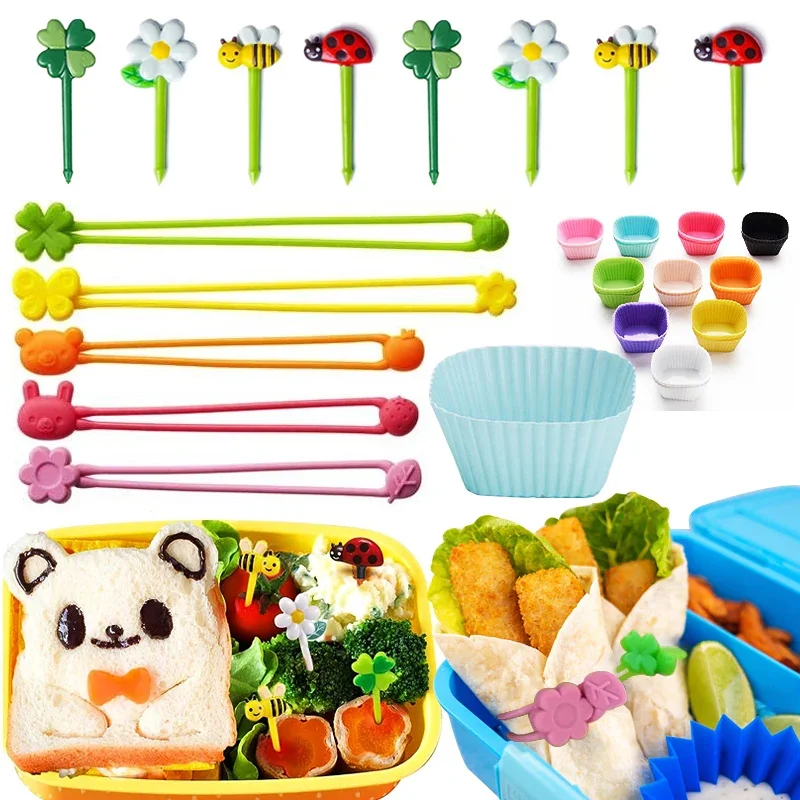 Lunch Bento Box Accessories Fruit Food Picks Silicone Cups Lunch Box Dividers and Multi-Purpose Silicone Wrap Bands Sauce Case