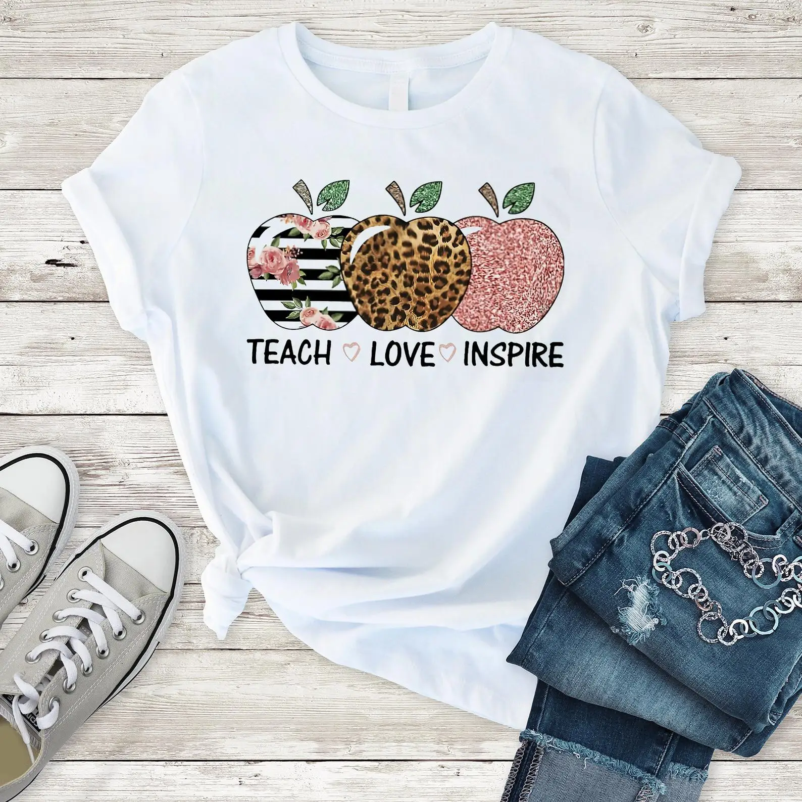 Teach Love Inspire Apple Tshirt Summer Men Women Fashion Vintage Graphic Tshirts Funny Cartoon Fruits Pattern Camisetas Tops Tee