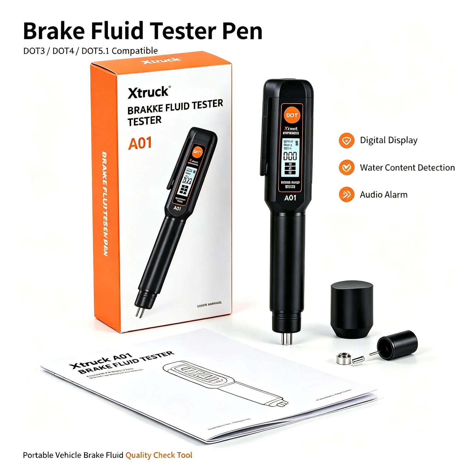 Brake Fluid Moisture Tester Pen with Corrosion Resistant Probe Digital Screen Display Alarm Function Auto Brake Fluid Water Content Detector Compatible with DOT3 DOT4 DOT5.1 for Vehicle Maintenance DIY Repair