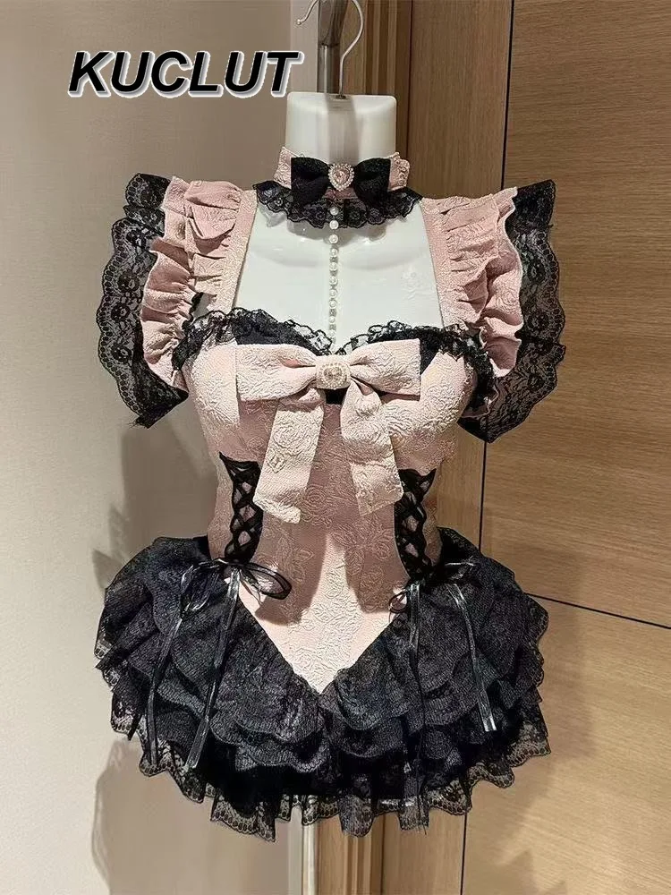 

Sweet and Cute High-end Heavy Industry Lolita Dress Splicing Lace Contrasting Color Off-the-shoulder Bow Women's Short Dresses