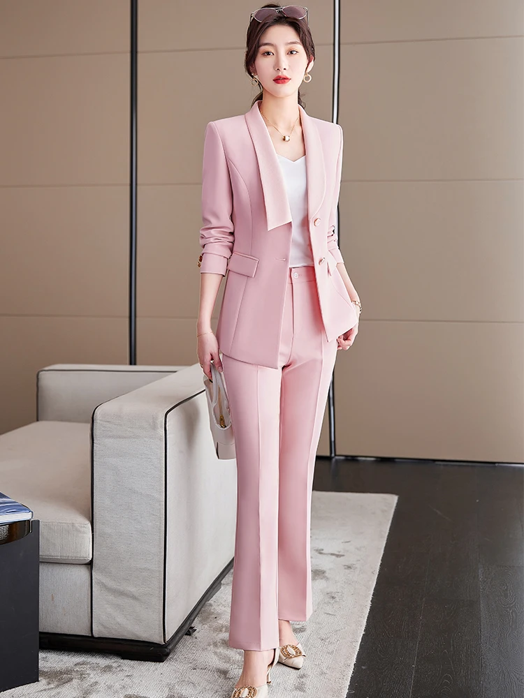 Blazer et pantalon formel pour femme, veste femme, surintendant ser, vêtements de travail d'hiver pour dames de bureau, mode, rose, violet, imbibé, ensemble 2 pièces