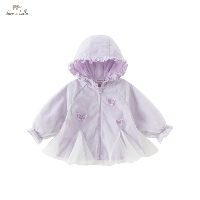 Dave Bella Spring Girl's Coat Top Fashion Casual Sweet Cute Children's Baby Long Sleeve Mesh Hoodie Butterfly Party DB1250831