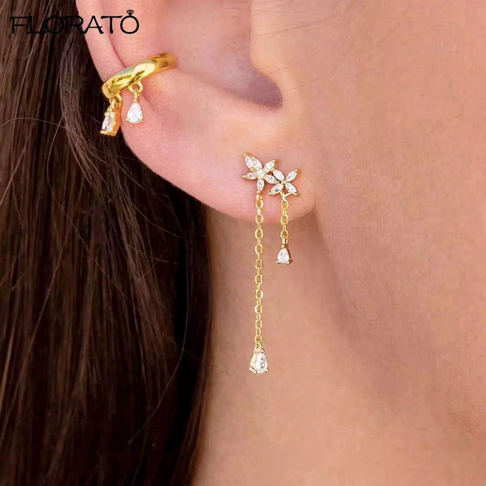 

925 Sterling Silver Needle Long Chain Zircon Pendant Flower Earrings for Women 2025 New Gold Color Stud Earrings Jewelry Gift
