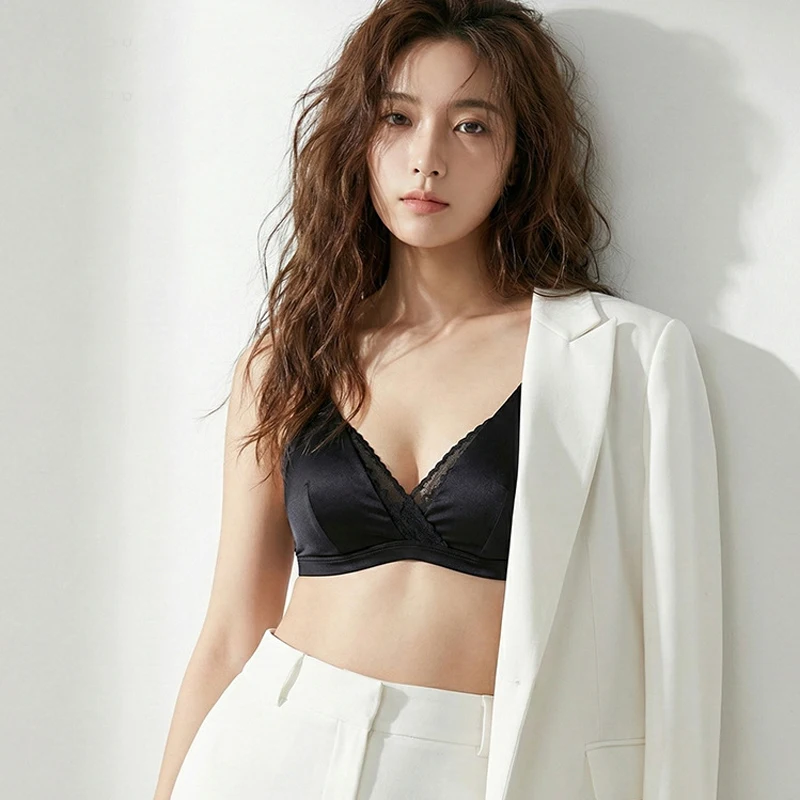 20MM 93% Mulberry Silk Stretch Satin Bra Ultra-Thin Triangle Cup, Sexy Lace V-Neck French Style Wireless Lingerie