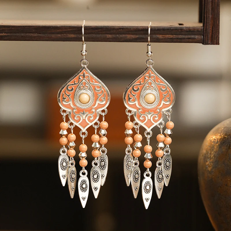 Ethnic Unique Pattern Geometric Charm Earrings for Women Creative Drop Oil Colorful Beads Metal Tassel Hanging Earrings Jewelry view 5