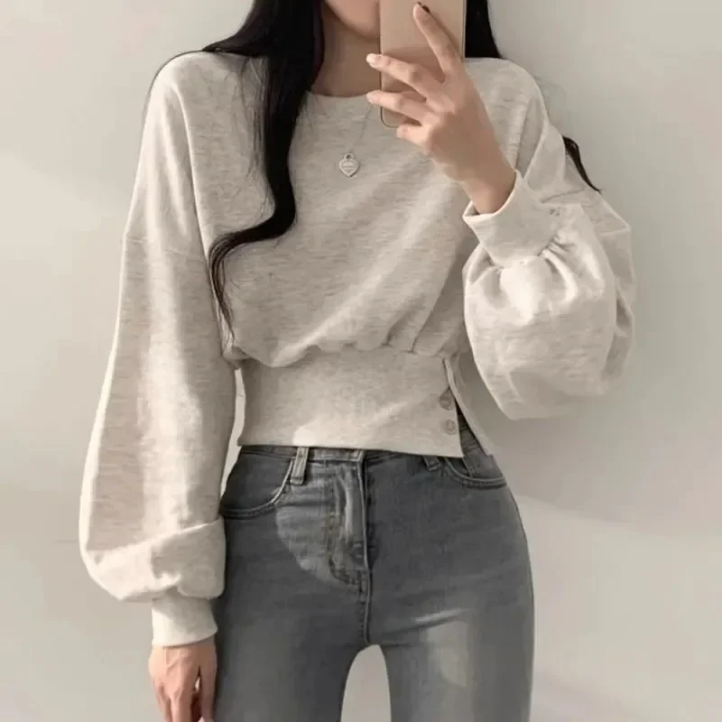 

Korean Spring Chic Solid Hoodies Women Casual O-neck Long Sleeve Pullover Y2k Tops New Slim Fit Button Simple Ropa Mujer
