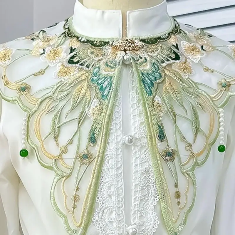 31BB Women Girls Chinese Embroidered Butterfly Flower False Collar Pearl Tassels Small Yunjian Shawl Scarf for Dresses