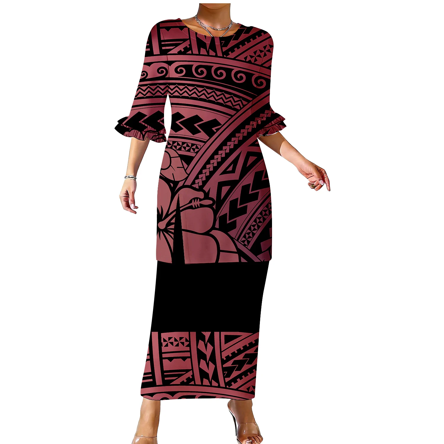 Puletasi Ladies' Maquette Dress Can Be Customized With Print Pattern Samoans Women'S Slim Double Lotus Sleeve Dinner Dress