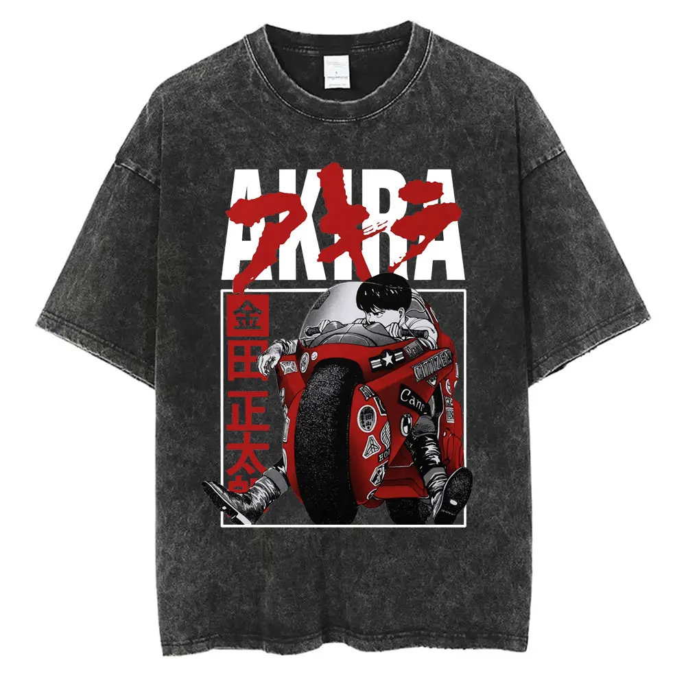Washed Retro Japanese Anime Akira Print 100%Cotton Men Woment T-shirt Summer Autumn Daily Sports Party Casual Loose Short Sleeve