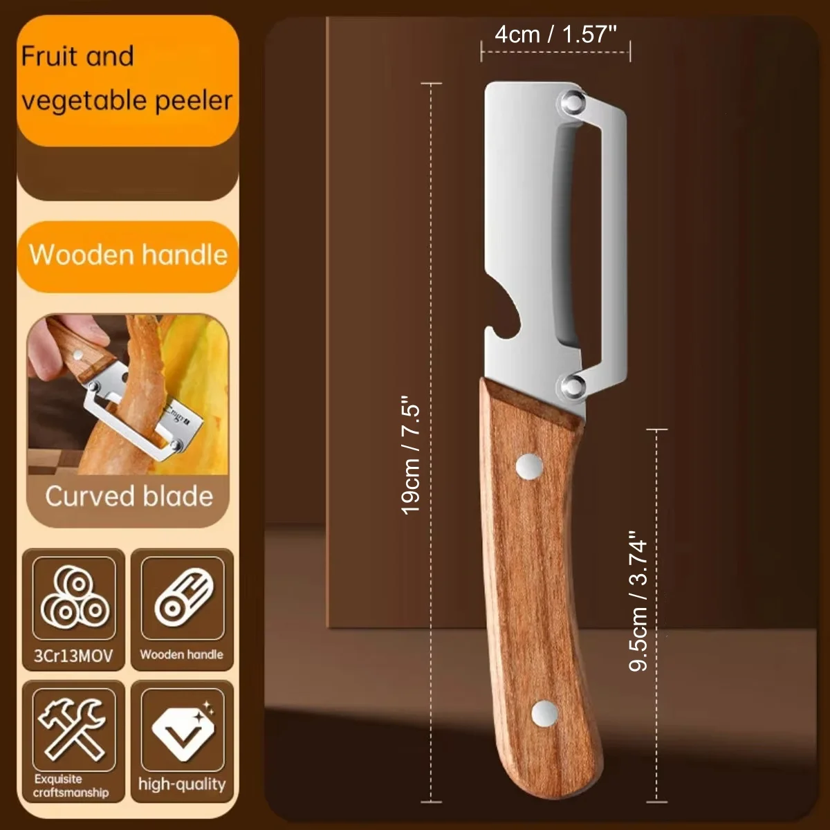 2-in-1 Multi-Functional Stainless Steel Peeler with Wooden Handle & Bottle Opener for Peeling and Slicing Fruits and Vegetables