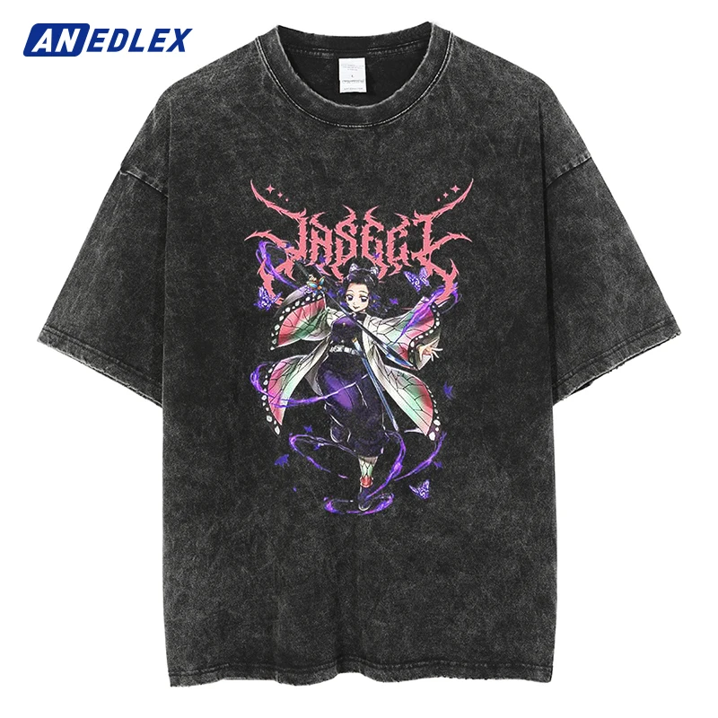 

Hip Hop Men Distressed Oversize T Shirt Streetwear Japanese Anime Girl Print Tshirt Casual Cotton Loose Vintage T-Shirt