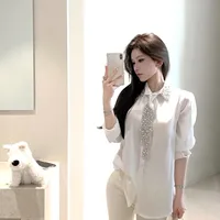 2025 Women's White Shirt New Spring Autumn Crystal Beading With Necktie Chiffon Shirt Female Blouses Ladies Tops Women Clothing 3